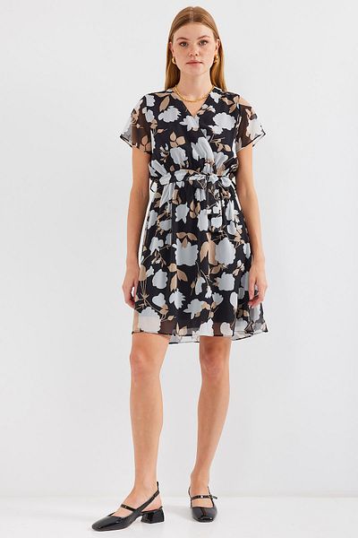 Merterium Women's Short Sleeve Patterned Chiffon Dress A.Black 1126