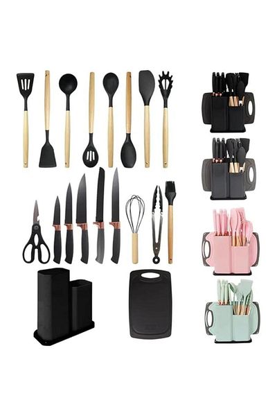 Tradeo 19pcs black silicone spatula set with holder—heat-resistant, BPA-free, safe for nonstick cookware.