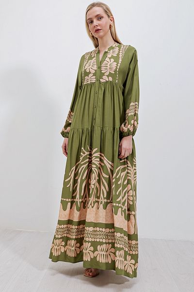 Merterium Women's Patterned Hijab Dress Khaki 1010