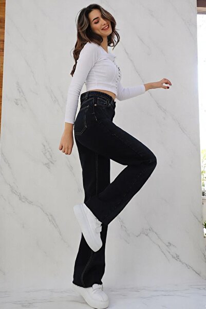 Livik Dobi̇ Girl's Lycra Super High Waist Loose Leg Jeans