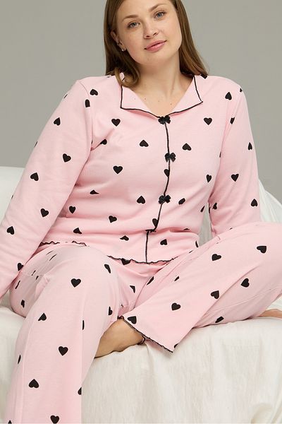 Siyah İnci Pink Patterned Large Size Battal Cotton Bow Tie Rib Knitted Pajamas Suit25228001-5