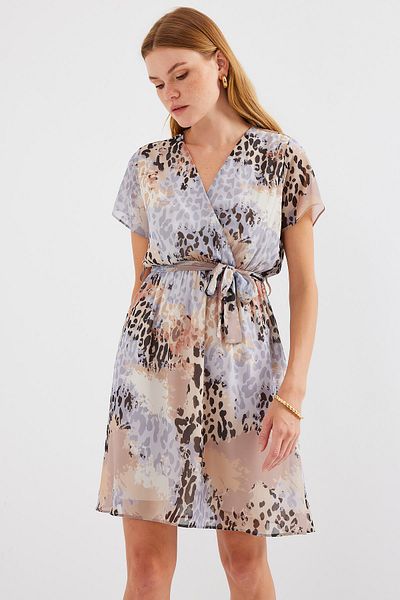 Merterium Women's Short Sleeve Patterned Chiffon Dress Gray 1126