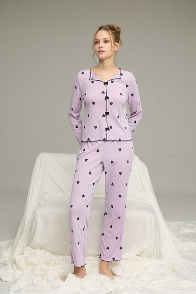 Siyah İnci Lilac Heart Pattern Cotton Bow Tie Ribbed Knitted Pajamas Suit25226004-9