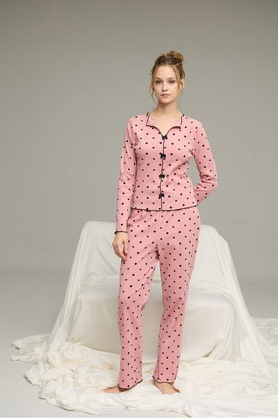 Siyah İnci Powder Heart Pattern Cotton Bow Tie Ribbed Knitted Pajamas Set25226004-1