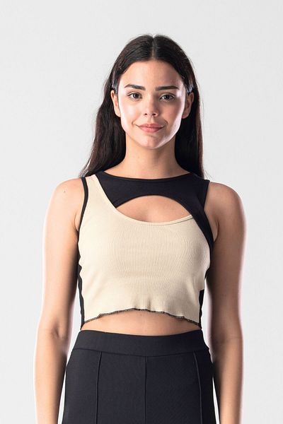 Mood Lab 2 Color White-Blue Camisole Asymmetric Crop Tank Top Blouse Top
