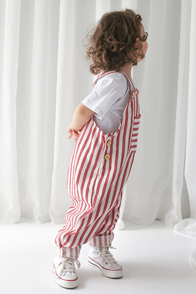 Catz Kids Boy's Red Striped Cotton Linen Strap Jumpsuit