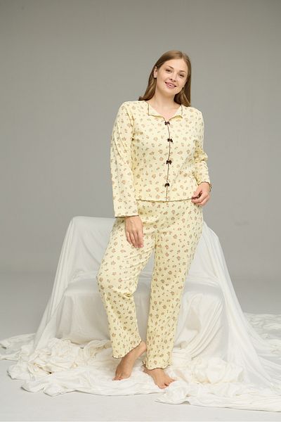 Siyah İnci Yellow Patterned Large Size Battal Cotton Bow Tie Ribbed Knitted Pajamas Suit25228001-3
