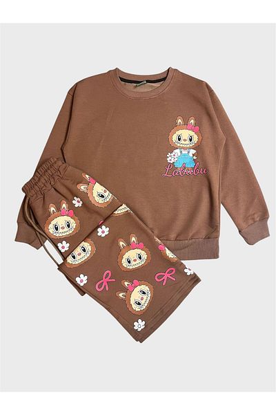 ALİŞ KİDS Girl's Cotton Brown Labubu Patterned Long Sleeve Wide Leg Tracksuit Set