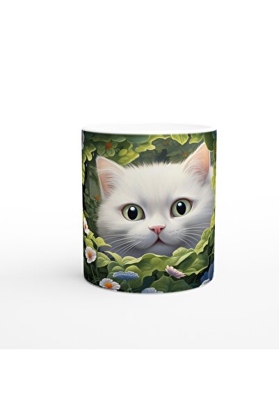 Generic Brand Mysterious White Cat Surrounded by Flowers Printed Mug