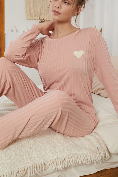 Siyah İnci Salmon Heart Embroidery Ribbed Knitted Pajamas Suit25226003