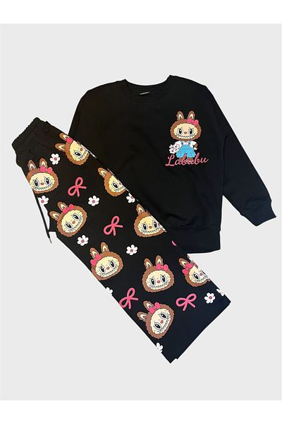ALİŞ KİDS Girl's Cotton Black Color Labubu Patterned Long Sleeve Wide Leg Tracksuit Set