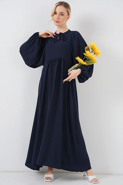 Merterium Women's Balloon Sleeve Long Hijab Dress F.Navy Blue 1124
