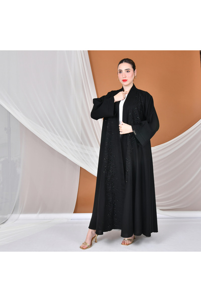 HAWRAA عباية لف سوداء كلوش بكم واسع بتطريز وشك راقي
