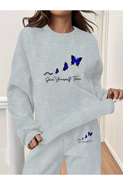 FUFLUNS Blue Butterfly Printed Oversize Unisex Cycling Collar Bottom/Up Tracksuit Set