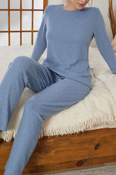 Siyah İnci Indigo Shardon Winter Knitted Pajama Set 25226002