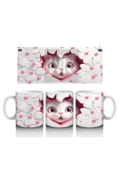 Luluyen قطة وردية اللون لطيفة تنظر من خلال الشق مع قلب - كوب قهوة مطبوع