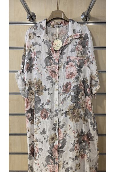 Park Moda Italian Long Linen Dress Tie Dye Rose Pattern