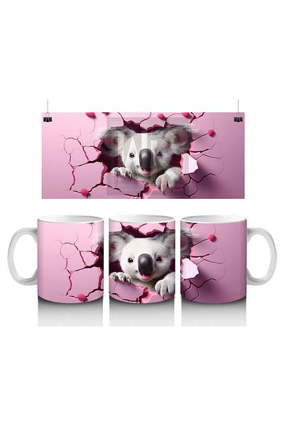 Luluyen Cute Koala Illustration on Pink Heart Background - Printed Coffee Mug