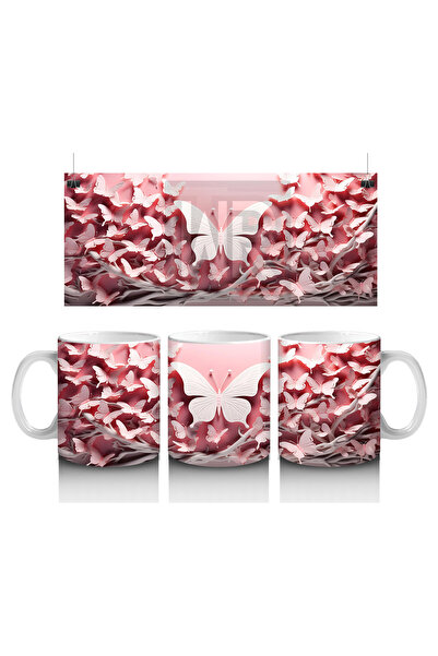 Luluyen White Butterfly among Pink Leaves – Printed Coffee Mug