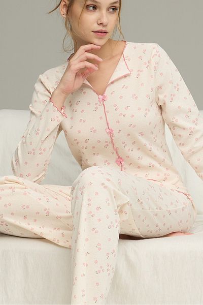 Siyah İnci Cream Floral Pattern Cotton Bow Tie Rib Knitted Pajamas Suit25226004-7