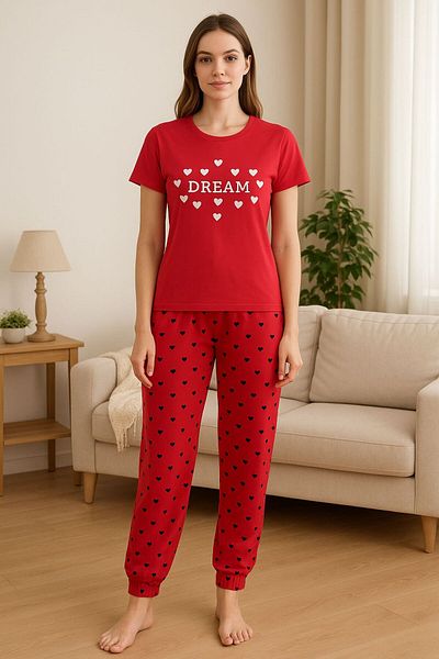 FAMESTEKSTİL Red Heart Women's Pajama Set – Dream Printed
