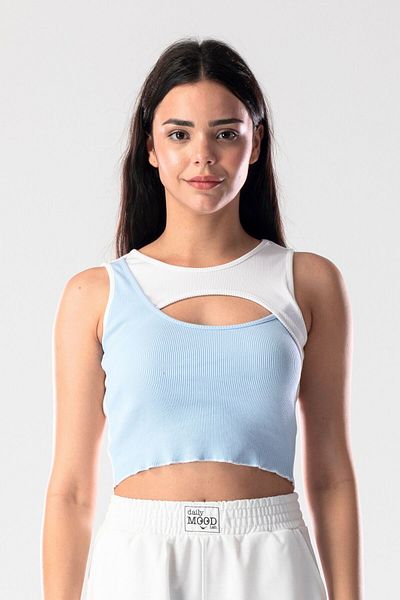 Mood Lab 2 Color White-Blue Camisole Asymmetric Crop Tank Top Blouse Top
