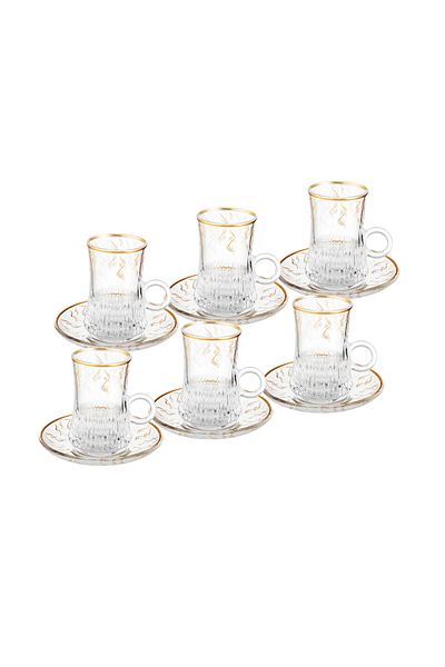 Dania Clear glass tea cup set with beautiful gold decor, consisting of 6 cups + 6 saucers