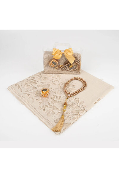 nurfemina Gold Dantel Şal ve İncili Tesbih+Zikirmatik Hediye Seti - Şık Kutul...