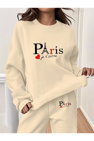 FUFLUNS Paris Je t'Aime Printed Oversize Unisex Cycling Collar Bottom/Upper Tracksuit Set