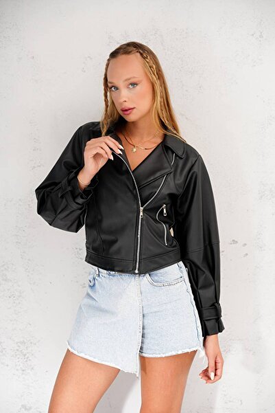 DENİKK Jachetă din piele tip crop, cu curea și detalii cu fermoar, în tendințe