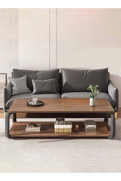 Taimi Wooden Coffee Table Double Layer Storage Space and Metal Legs, Table for Living Room 100x50x43cm