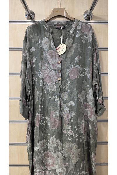 Park Moda Rochie lungă italiană din in, model trandafir, mânecă lungă