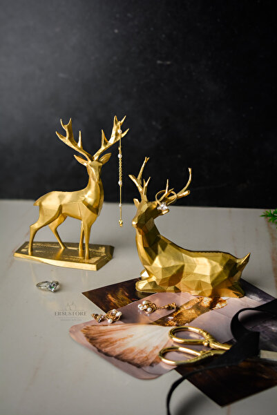 jeane home decor Gold Altın Kübik Geometrik 2li Geyik Seti Figür Biblo Dekora...