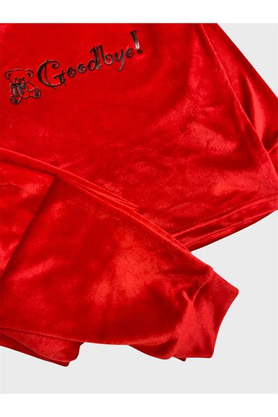 tusem butik homewear Girl's Velvet Red Goodbye Written Crew Neck Long Sleeve Elastic Leg Pajama Set