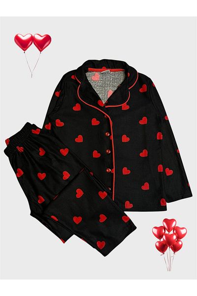 tusem butik homewear Girls' Cotton Suede Fabric Black Red Heart Shirt Collar Button Long Sleeve Pajamas Set