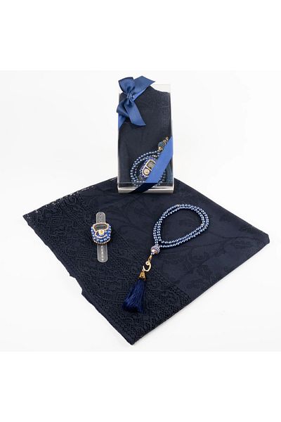 nurfemina Navy Blue Lace Shawl and Prayer Beads + Prayer Mat Gift Set - Stylish Boxed, Special Day Gift