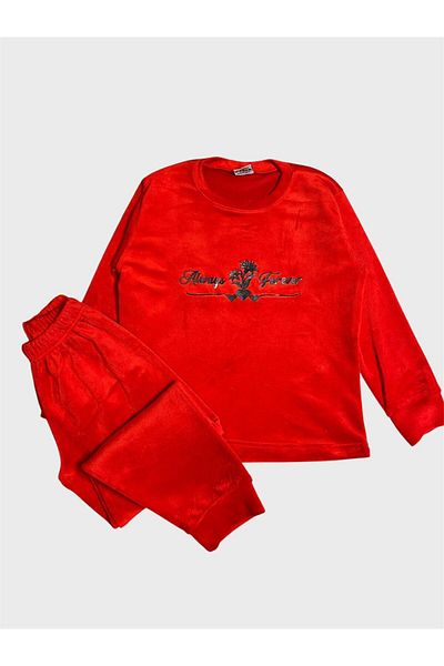 ALİŞ KİDS Girls' Velvet Red Flower Heart Patterned Crew Neck Cuff Elastic Long Sleeve Pajama Set
