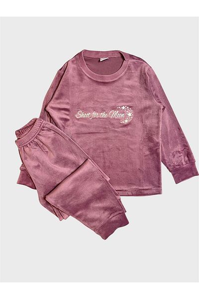 tusem butik homewear Girls' Velvet Purple Color Star Patterned Crew Neck Long Sleeve Pajama Set with Elastic Legs