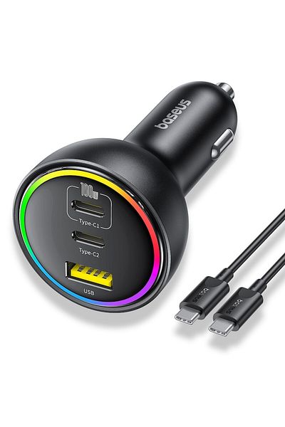 Baseus Car Charger with RGB Lights, 2x Type-C, USB, 152.5W, Fast Charging, T86, Polycarbonate,