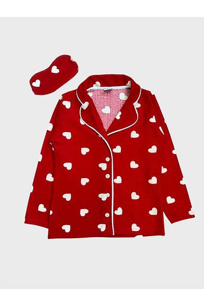 ALİŞ KİDS Girls' Cotton Suede Fabric Red Heart Patterned Shirt Collar Buttoned Sleepwear Set with Glasses