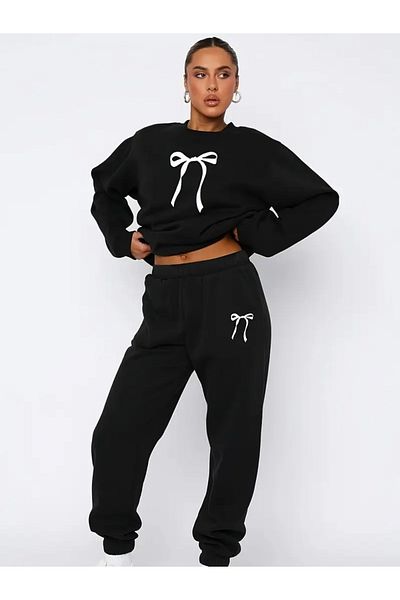 FUFLUNS Ribbon Printed Unisex Oversize Circle Neck Bottom/Upper Tracksuit Set