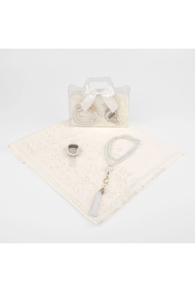 nurfemina Krem Dantel Şal ve İncili Tesbih+Zikirmatik Hediye Seti - Özel Kutu...