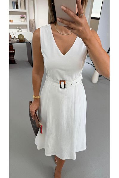 Sezgi Tekin Belt Detail Lined White Midi Bell Dress