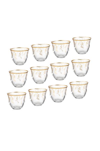 Dania Saudi coffee cup set made of clear glass with a beautiful and modern golden decor, consisting of 12 pieces