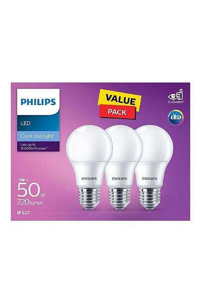 Philips 3-Piece 7W E27 6500K Energy-Efficient Non-Dimmable LED Bulb Set Cool Daylight