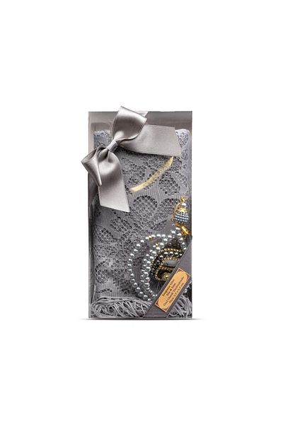 nurfemina Gray Lace Shawl and Pearl Prayer Beads + Zikirmatik Gift Set - Elegant Boxed, Women's Hijab Accessory