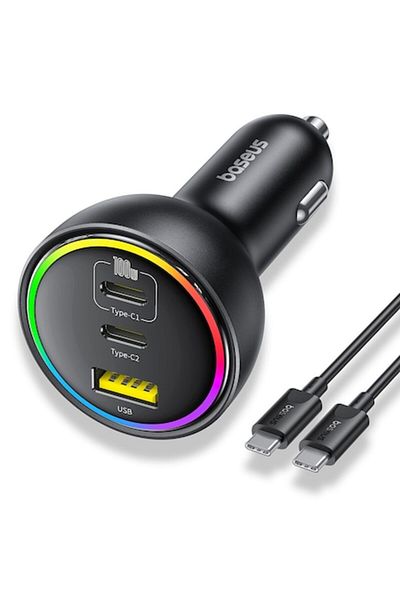 Baseus Car Charger with RGB Lights, 2x Type-C, USB, 152.5W, Fast Charging, T86, Polycarbonate,