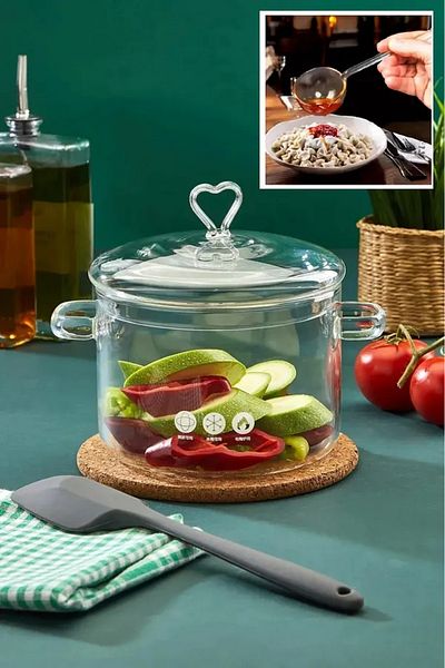Rosemor 2-Piece Glass Set Thermisil Cooktop Glass Ladle Transparent Glass Pot 1500Cc Heat Resistant Borosilicate