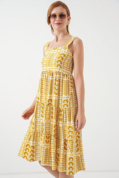 Merterium Women's Patterned Strap Dress Yellow 1137