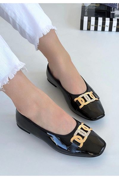 STILVANA Embor Black Patent Leather Ballerina Shoes